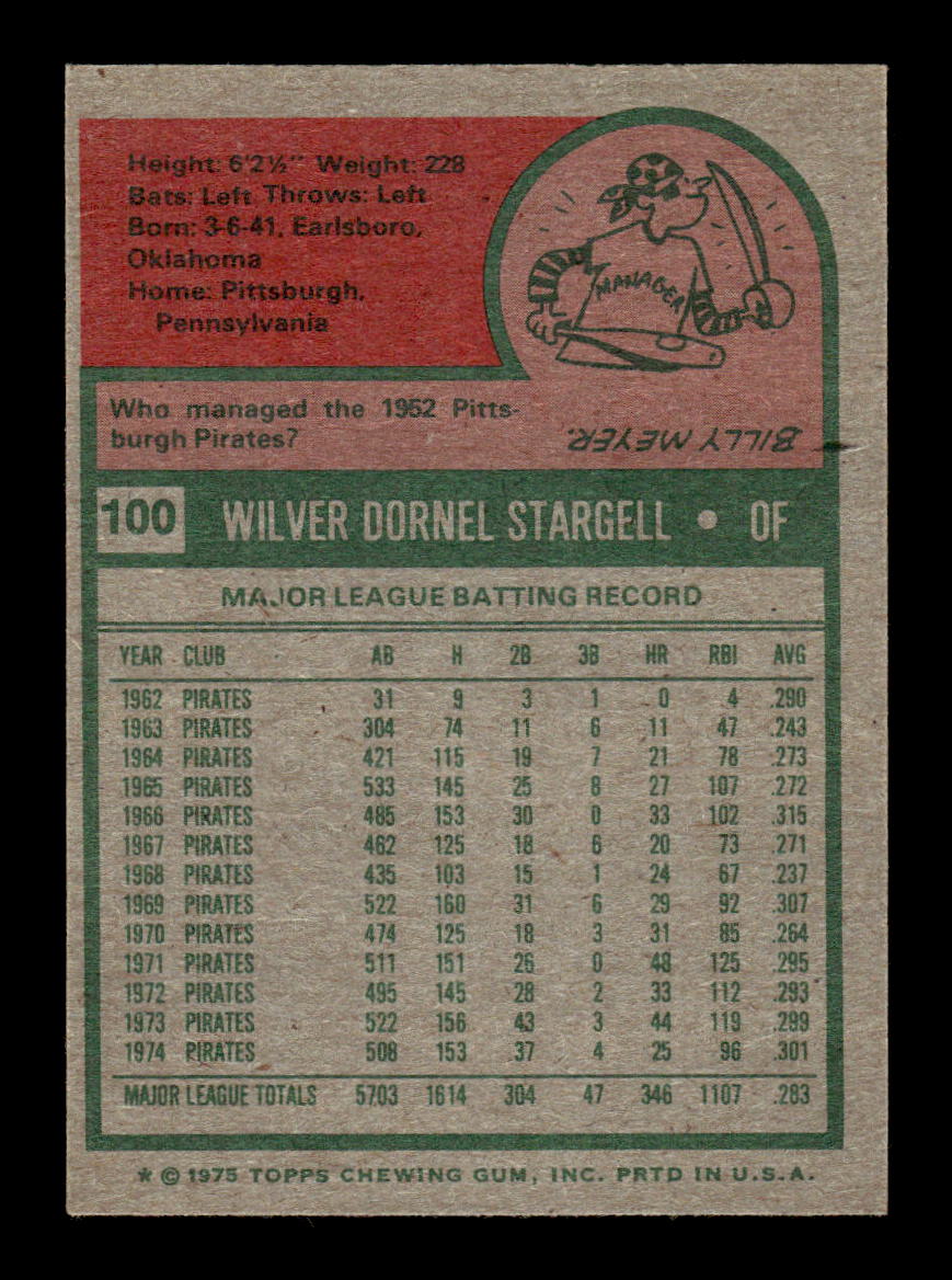 1975 Topps #100 Willie Stargell Pittsburgh Pirates EX CS26016978