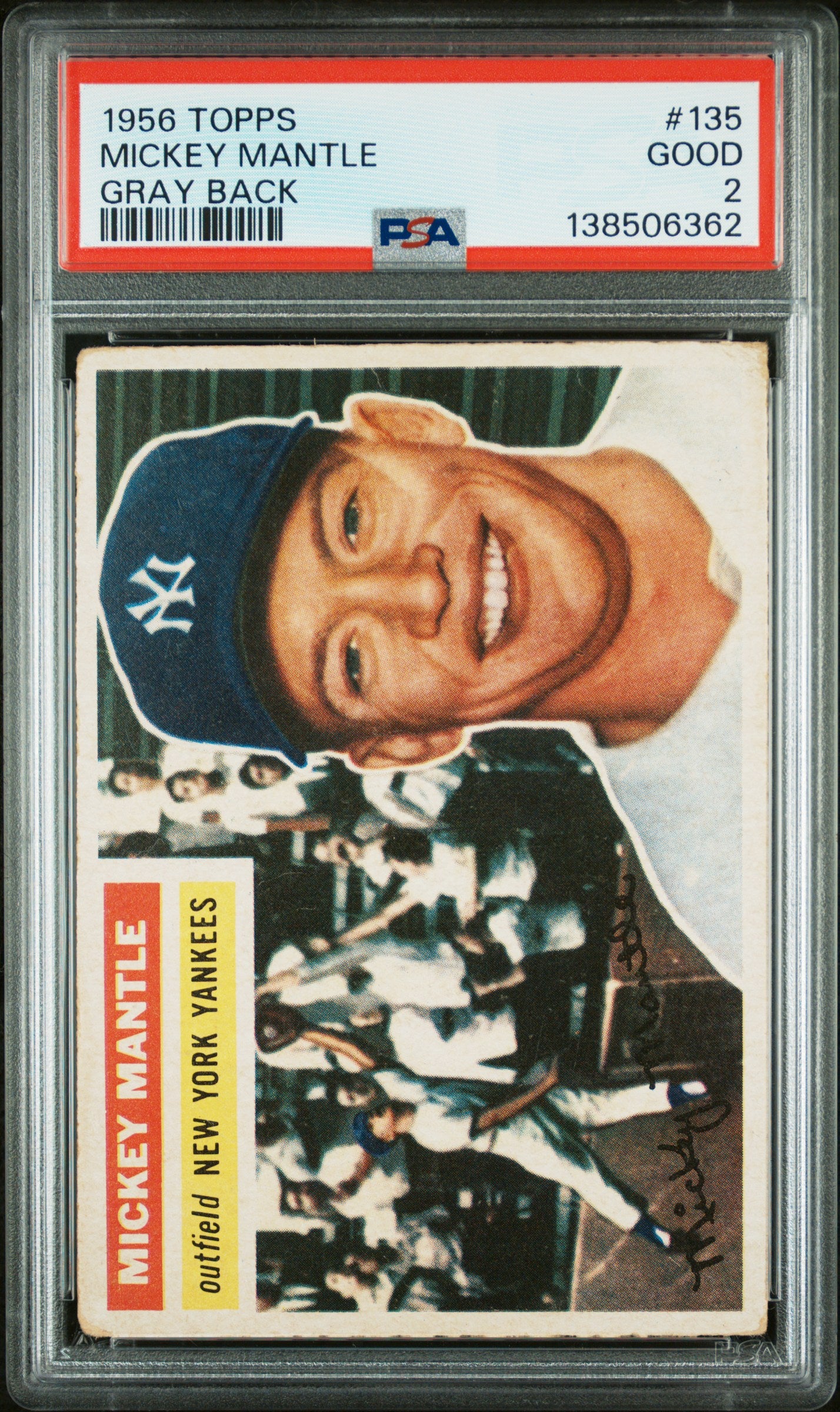 1956 Topps #135 Mickey Mantle Gray Back PSA 2 SN 138506362
