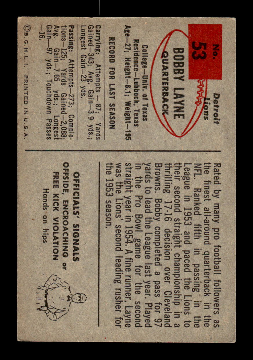 1954 Bowman #53 Bobby Layne Detroit Lions VG CS26017012