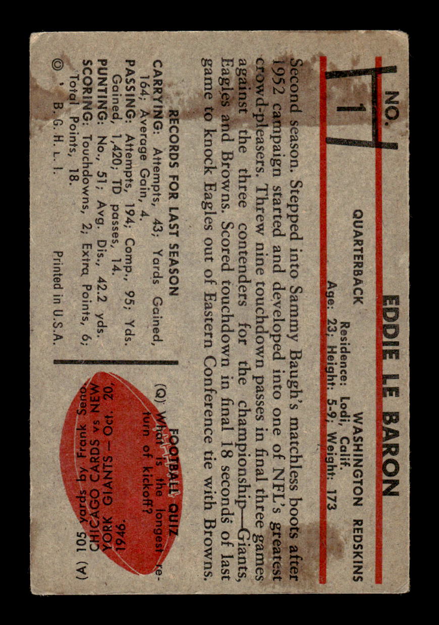 1953 Bowman #1 Eddie LeBaron Washington Redskins F/G CS26017015