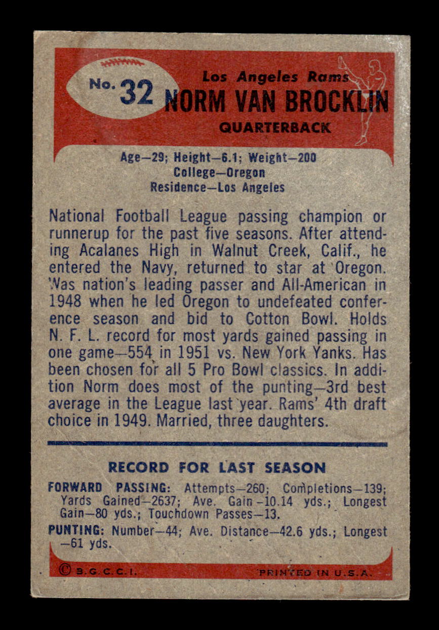 1955 Bowman #32 Norm Van Brocklin Los Angeles Rams F/G CS26017022