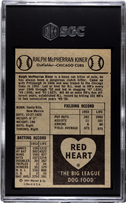 1954 Red Heart Dog Food # Ralph Kiner SGC 6 SN 0826867