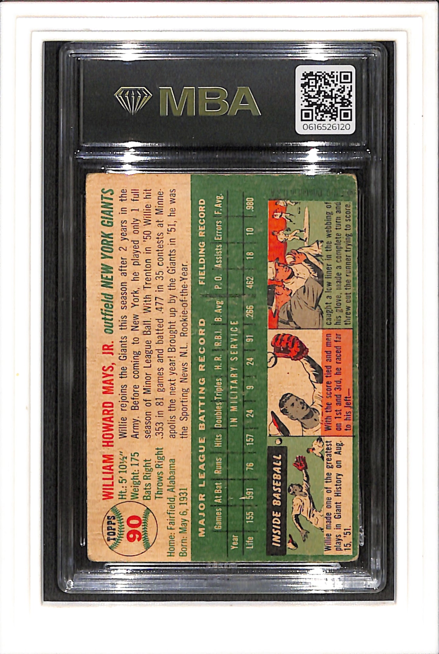 1954 Topps #90 Willie Mays MBA 2 SN 616526120