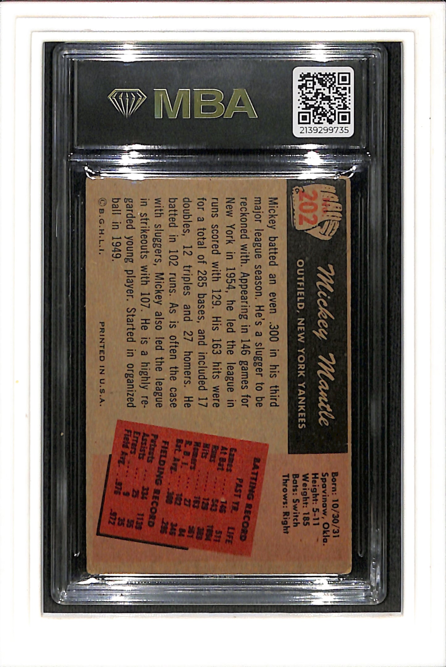 1955 Bowman #202 Mickey Mantle MBA 2 SN 2139299735