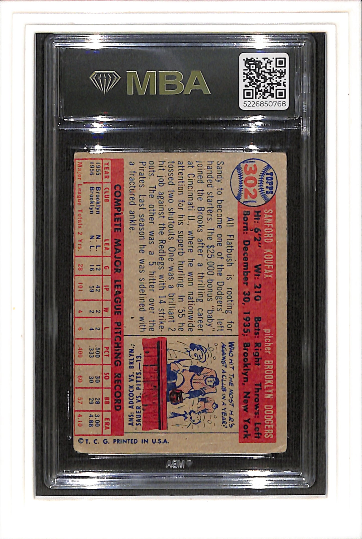 1957 Topps #302 Sandy Koufax MBA 2 SN 5226850768