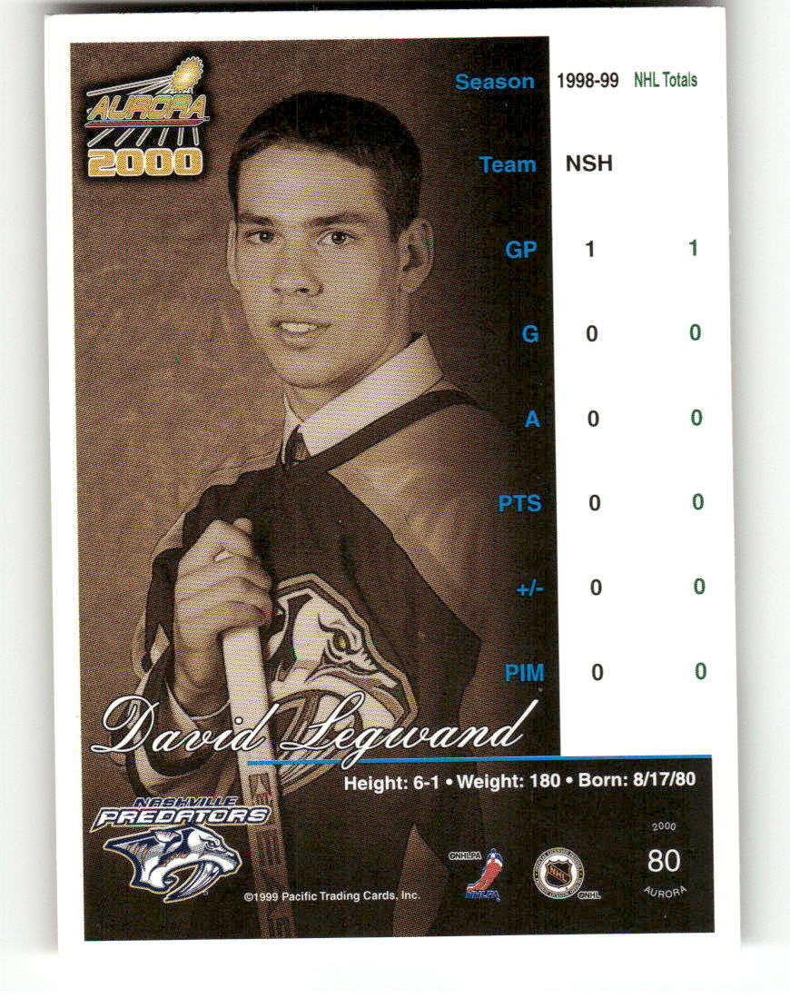 1999-00 Pacific Aurora #80 David Legwand Nashville Predators EX CS26017131
