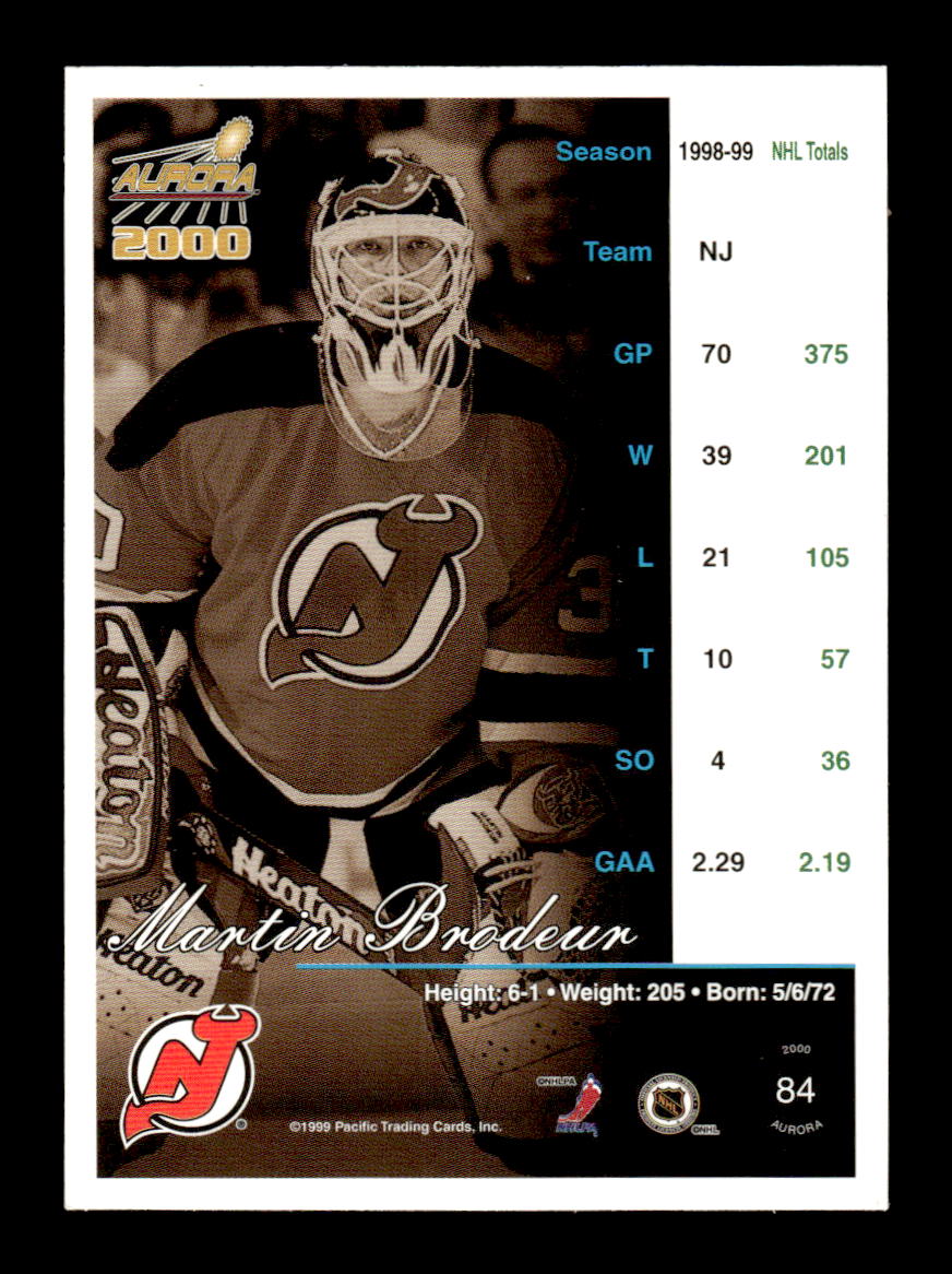 1999-00 Pacific Aurora #84 Martin Brodeur New Jersey Devils EX CS26017175