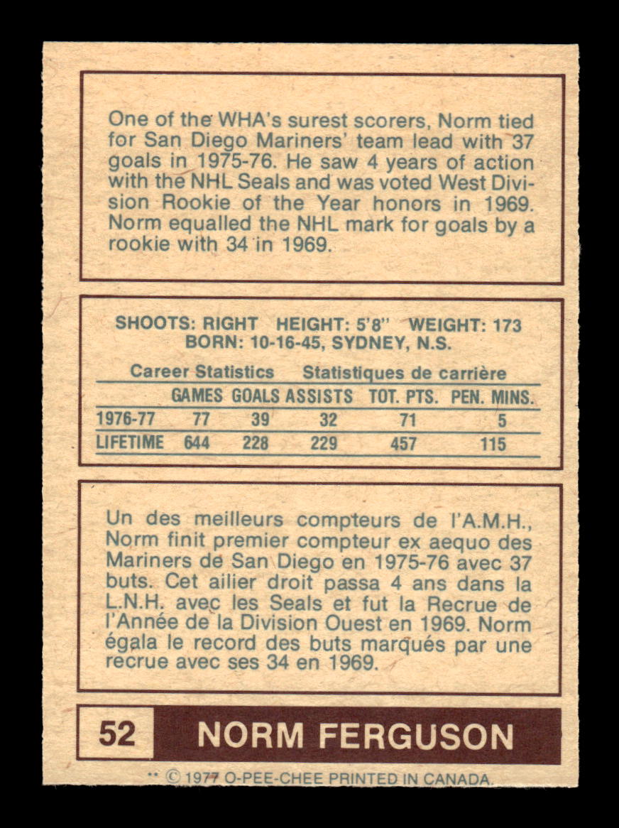 1977-78 O-Pee-Chee WHA #52 Norm Ferguson Edmonton Oilers EX CS26017193