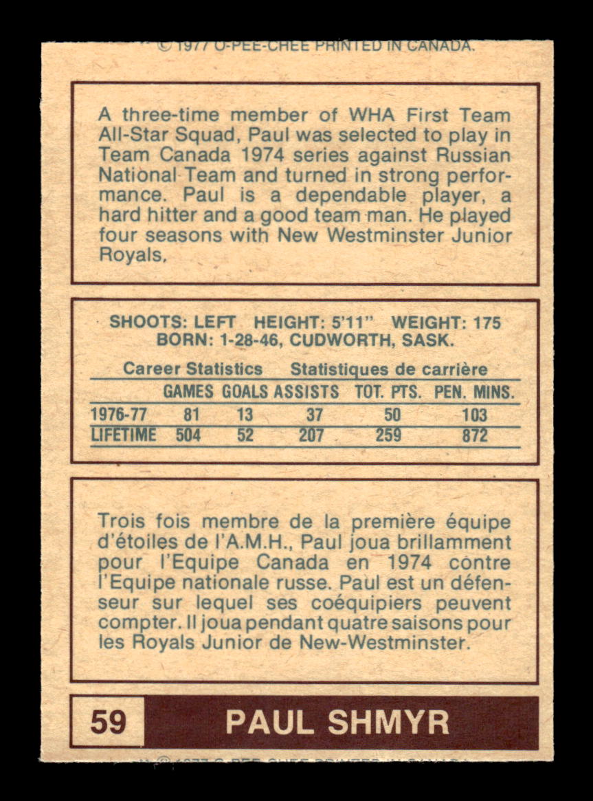 1977-78 O-Pee-Chee WHA #59 Paul Shmyr Edmonton Oilers EX CS26017194
