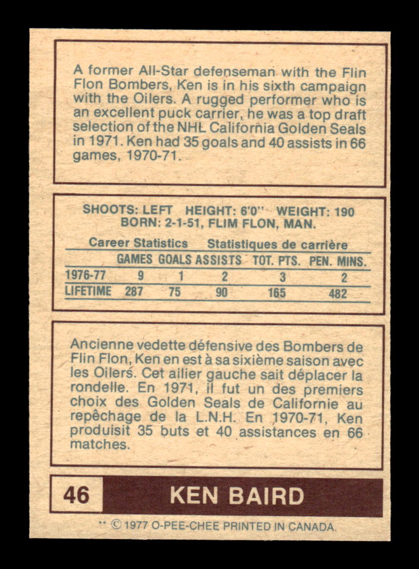 1977-78 O-Pee-Chee WHA #46 Ken Baird Edmonton Oilers EX CS26017195