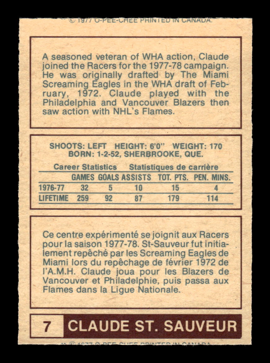 1977-78 O-Pee-Chee WHA #7 Claude St. Sauveur Indianapolis Racers EX CS26017204
