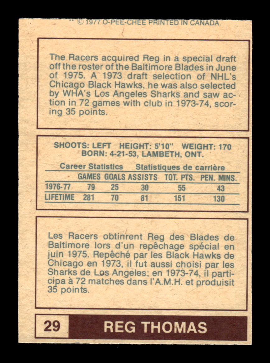 1977-78 O-Pee-Chee WHA #29 Reg Thomas Indianapolis Racers EX CS26017205