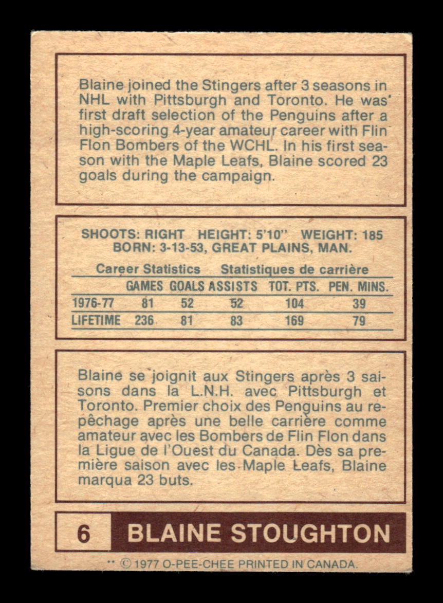1977-78 O-Pee-Chee WHA #6 Blaine Stoughton Cincinnati Stingers EX CS26017206
