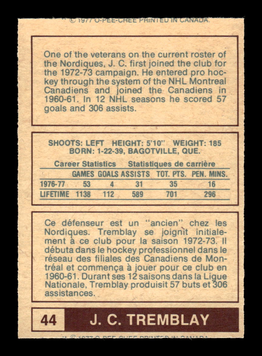 1977-78 O-Pee-Chee WHA #44 J.C. Tremblay Quebec Nordiques EX CS26017207