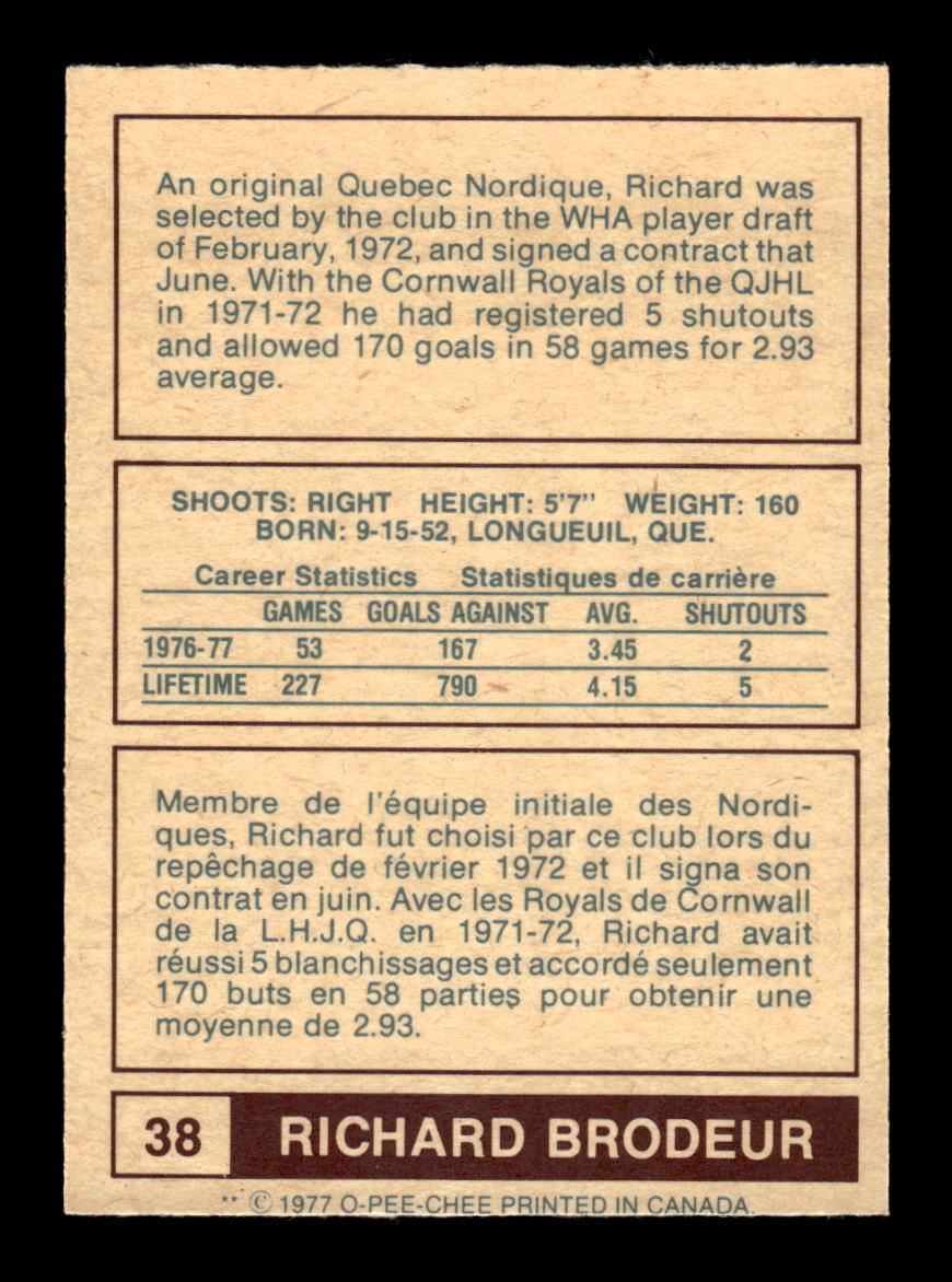 1977-78 O-Pee-Chee WHA #38 Richard Brodeur Quebec Nordiques EX CS26017208