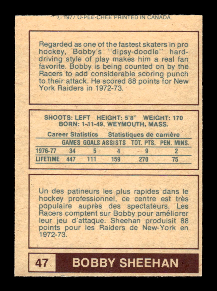 1977-78 O-Pee-Chee WHA #47 Bobby Sheehan Indianapolis Racers EX CS26017210
