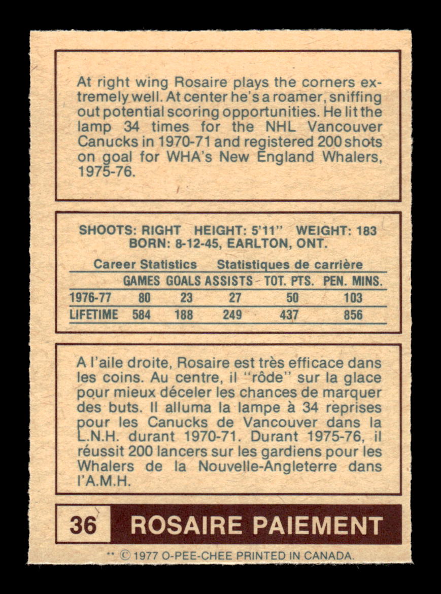 1977-78 O-Pee-Chee WHA #36 Rosaire Paiement Indianapolis Racers EX CS26017211