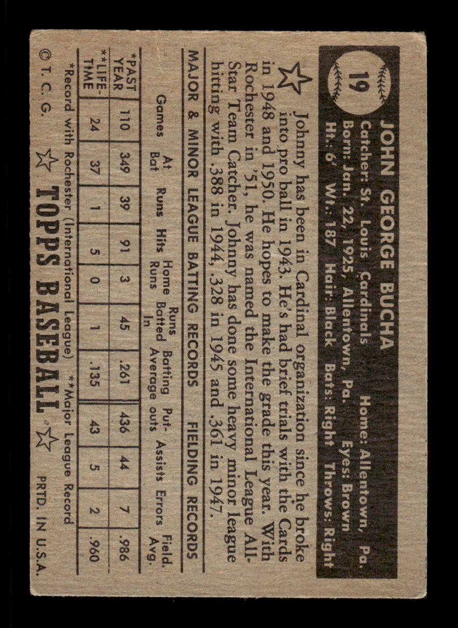 1952 Topps #19 Johnny Bucha BLK BK St. Louis Cardinals LOW GRADE CS26017297