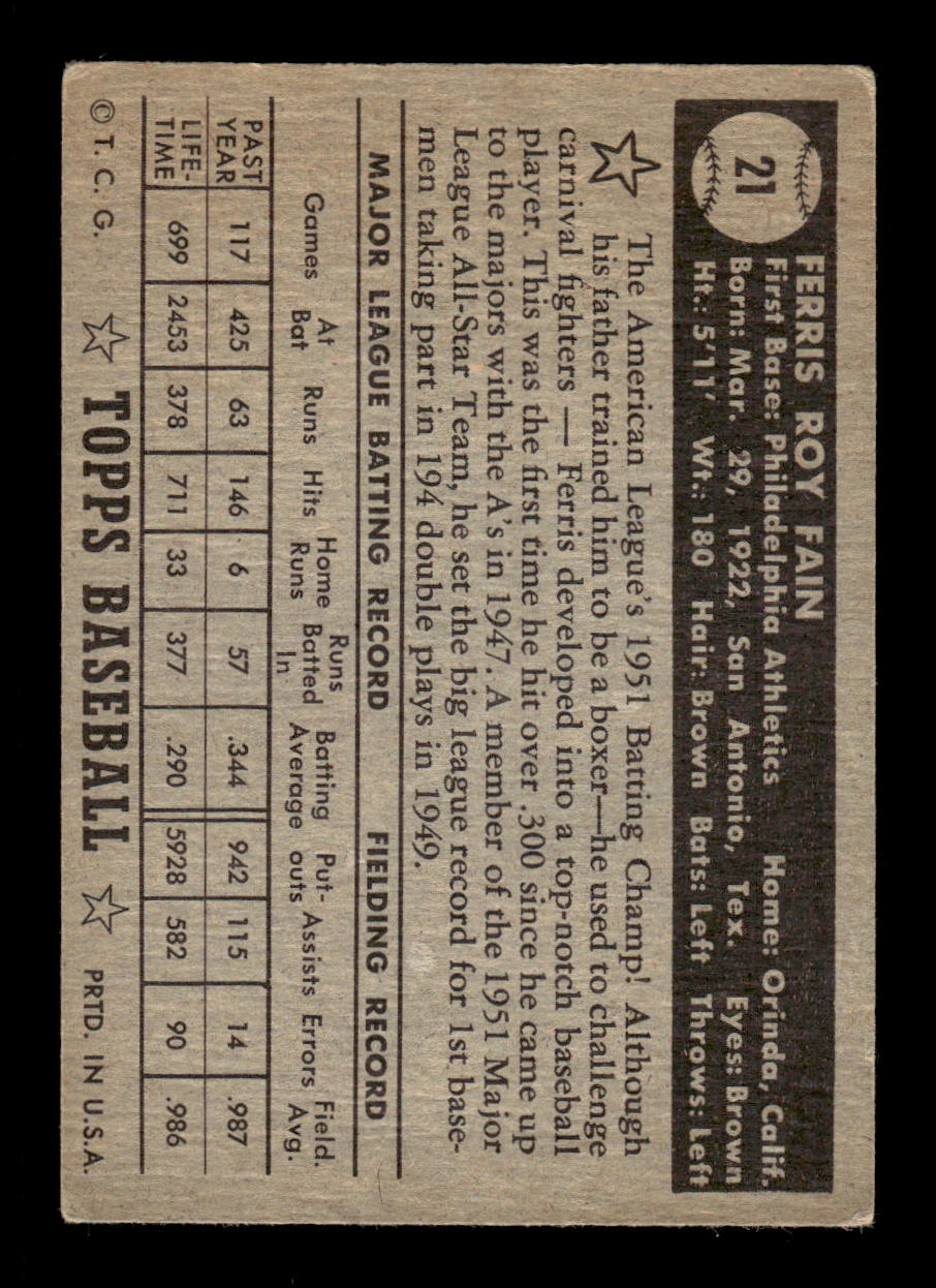 1952 Topps #21 Ferris Fain BLK BK Philadelphia Athletics LOW GRADE CS26017298