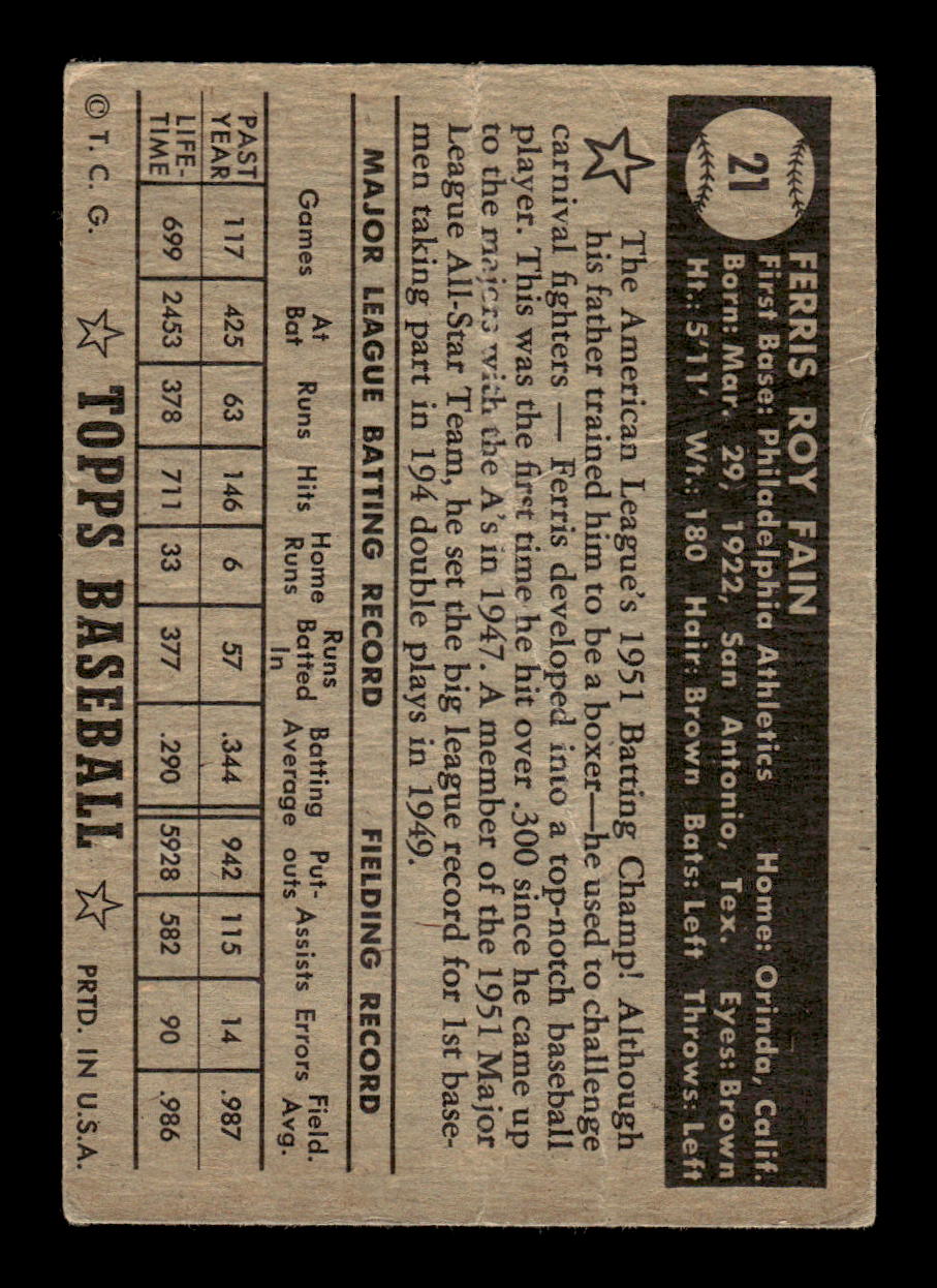 1952 Topps #21 Ferris Fain BLK BK Philadelphia Athletics LOW GRADE CS26017299