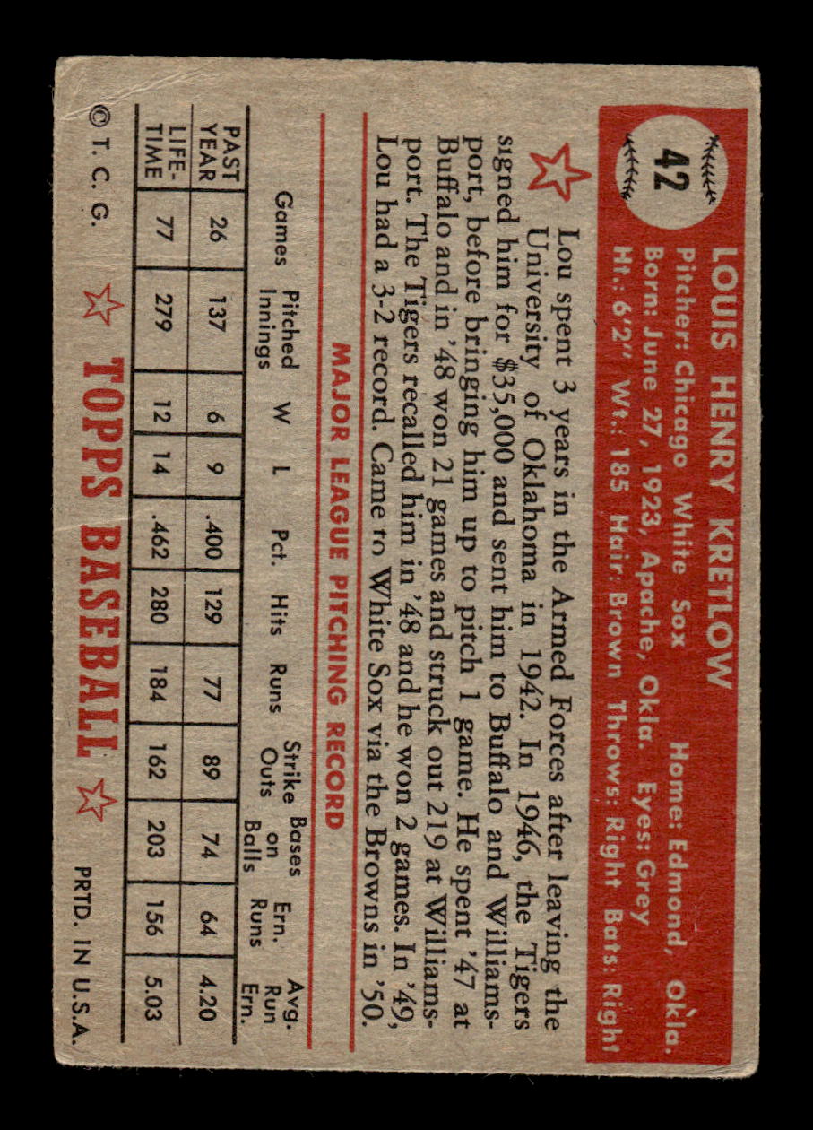 1952 Topps #42 Lou Kretlow Chicago White Sox LOW GRADE CS26017316