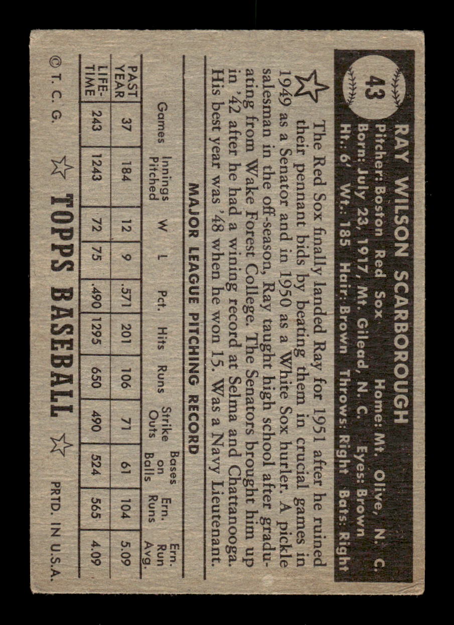 1952 Topps #43 Ray Scarborough BLK BK Boston Red Sox VG CS26017317