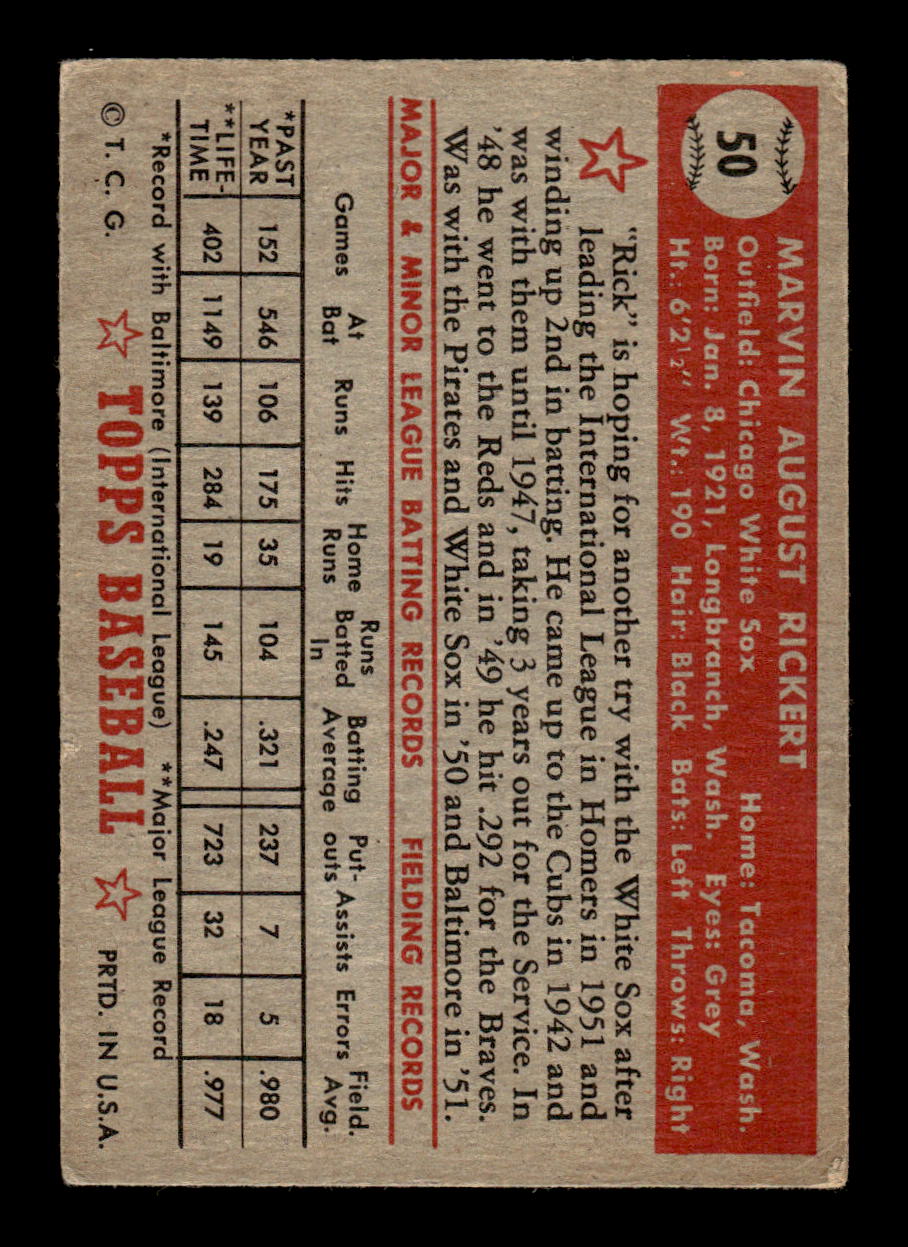 1952 Topps #50 Marv Rickert Chicago White Sox LOW GRADE CS26017320