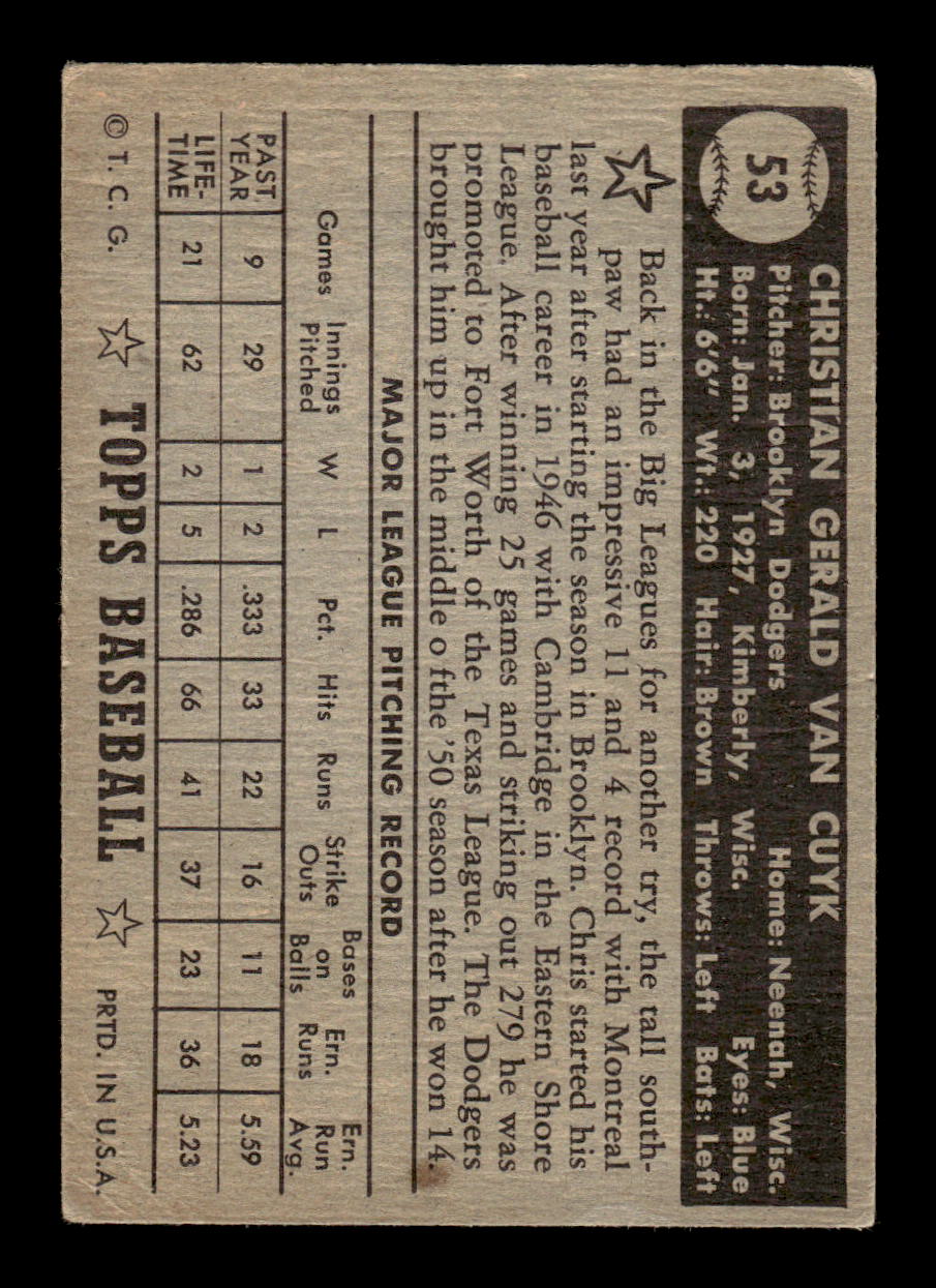 1952 Topps #53 Chris Van Cuyk BLK BK Brooklyn Dodgers VG CS26017321