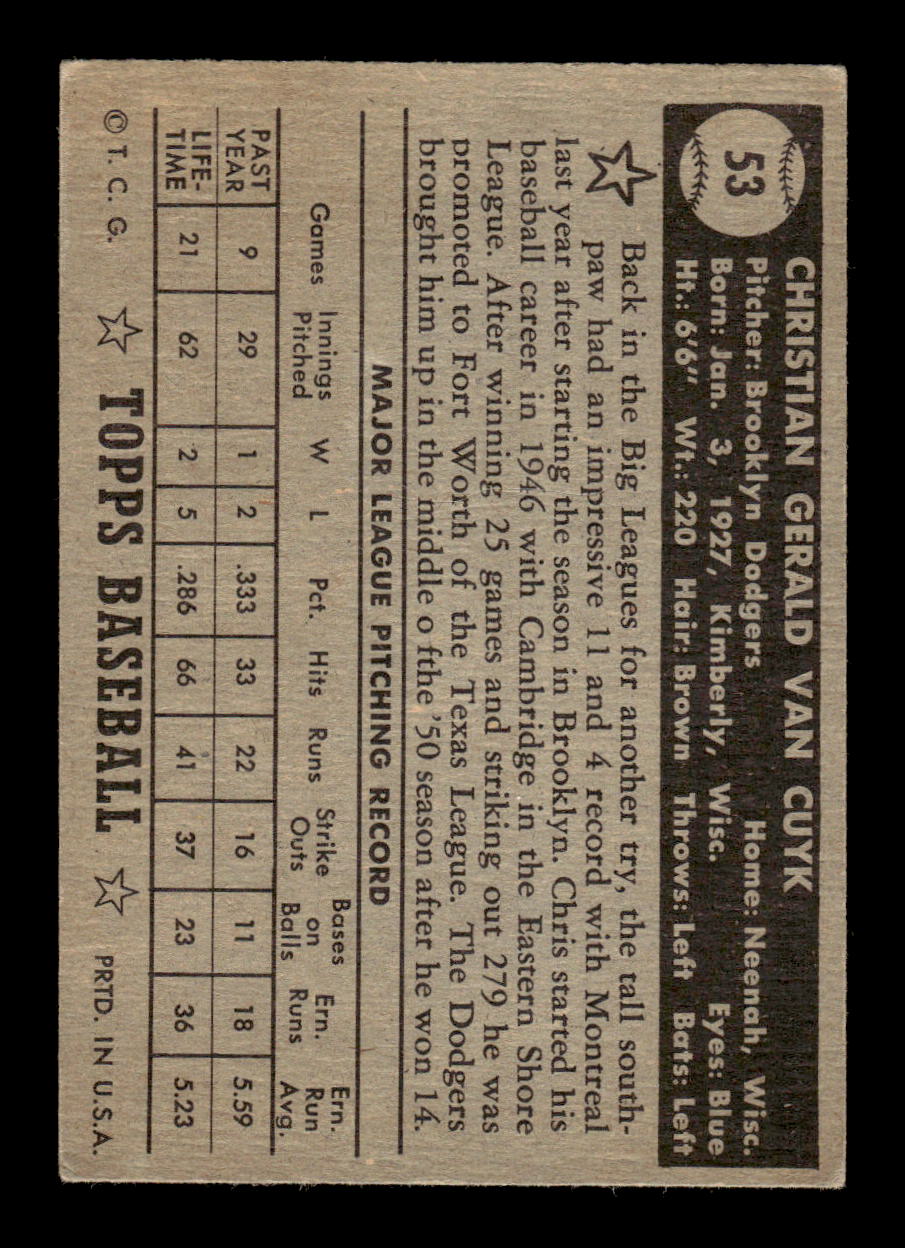 1952 Topps #53 Chris Van Cuyk BLK BK Brooklyn Dodgers VG CS26017322