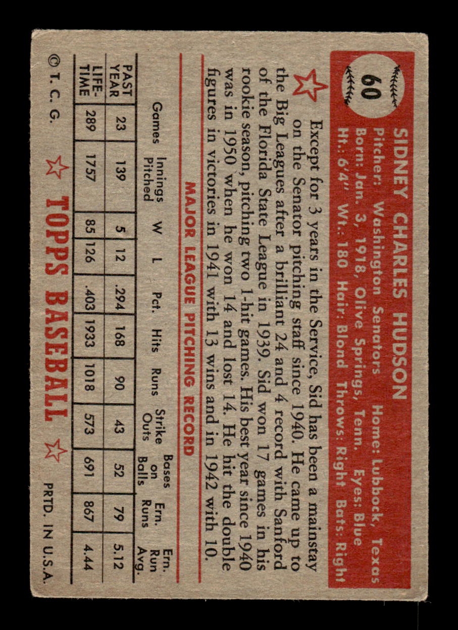 1952 Topps #60 Sid Hudson Washington Senators LOW GRADE CS26017325