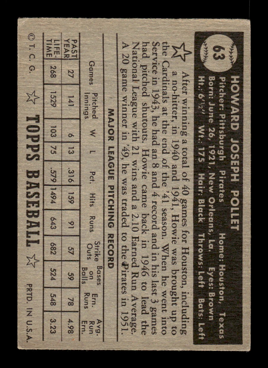 1952 Topps #63 Howie Pollet BLK BK Pittsburgh Pirates LOW GRADE CS26017326