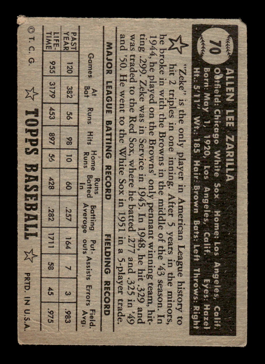1952 Topps #70 Al Zarilla BLK BK Chicago White Sox LOW GRADE CS26017329
