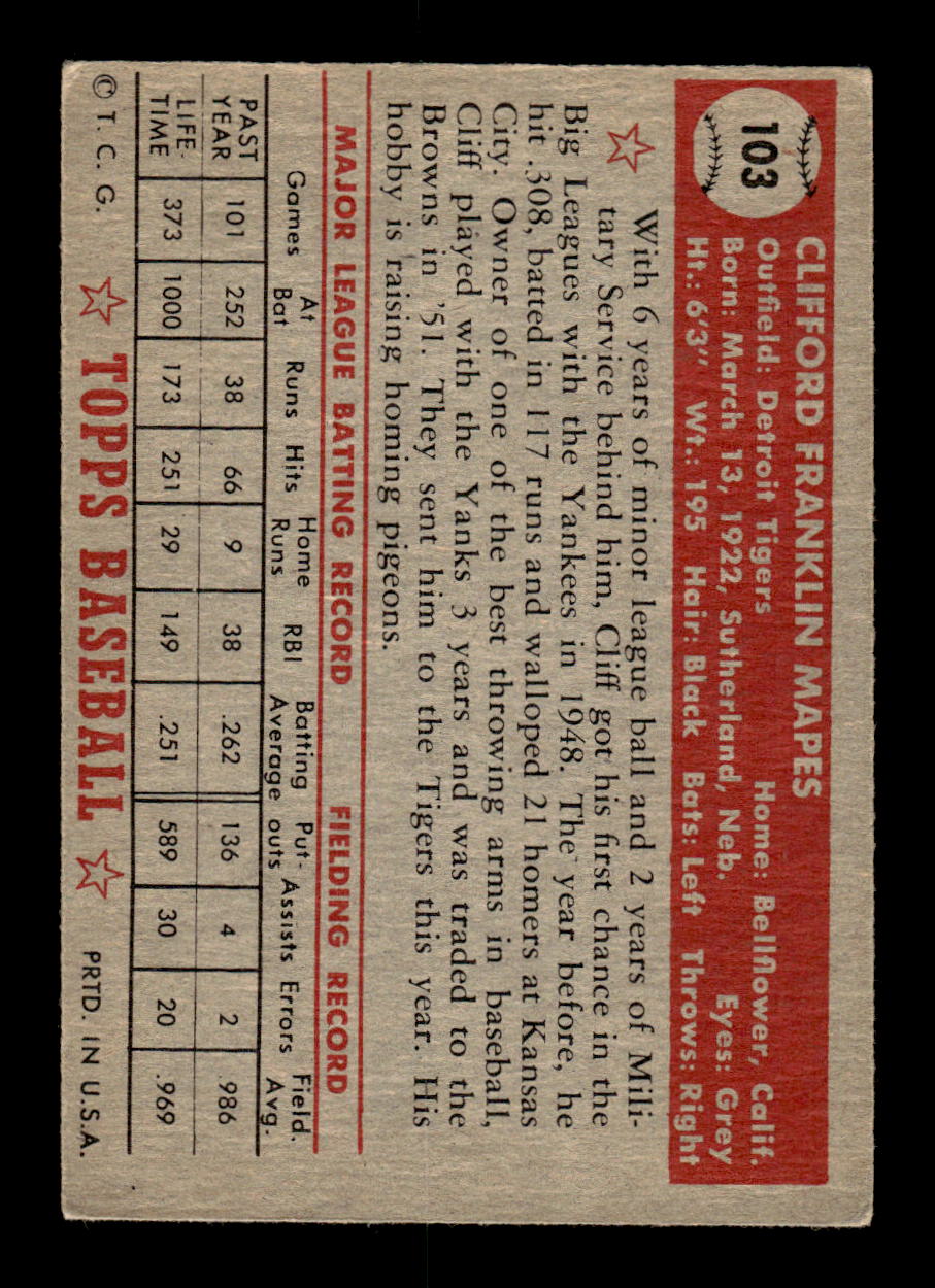 1952 Topps #103 Cliff Mapes Detroit Tigers LOW GRADE CS26017345
