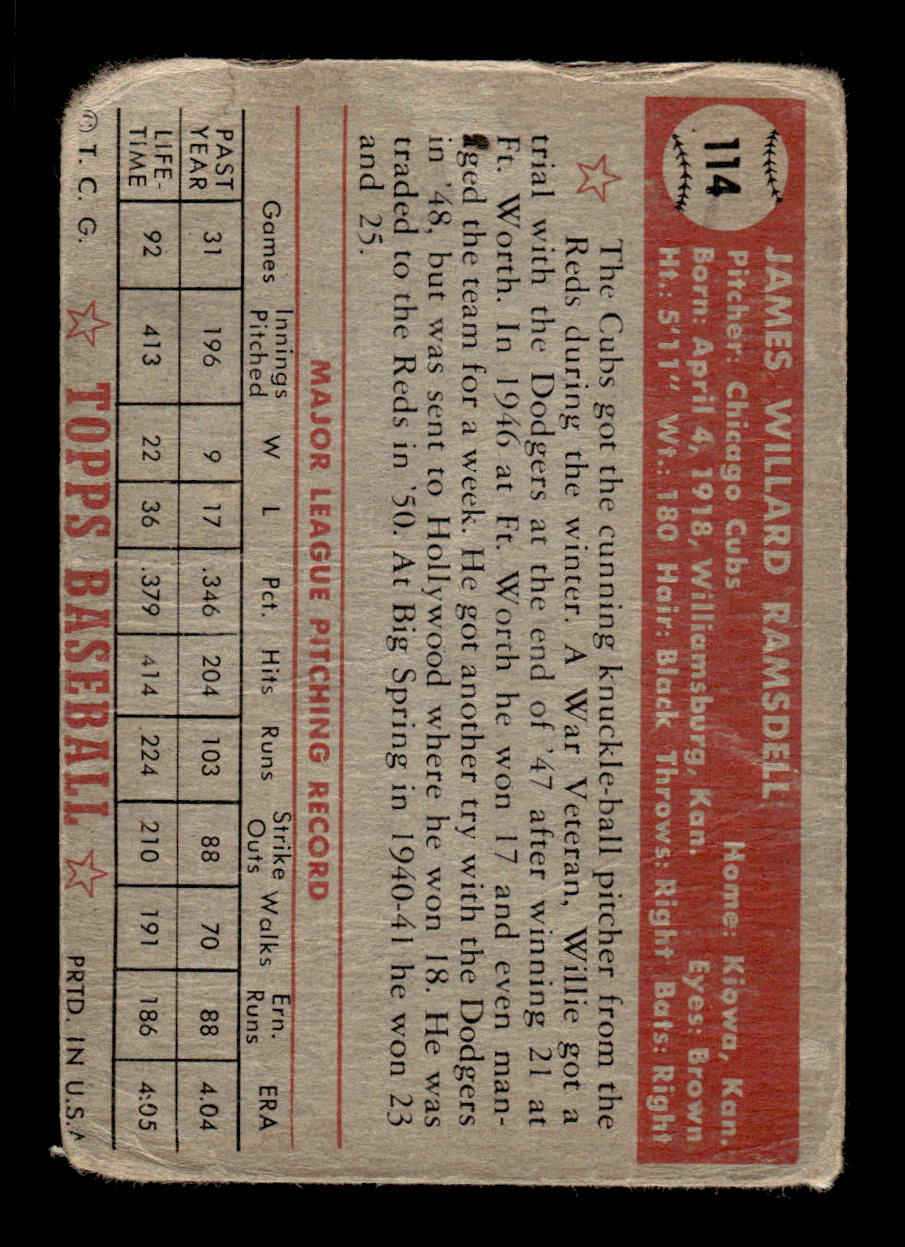 1952 Topps #114 Willard Ramsdell Chicago Cubs LOW GRADE CS26017349