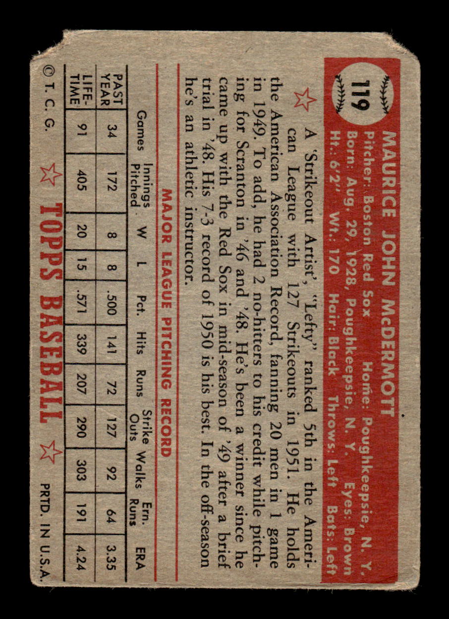 1952 Topps #119 Maurice McDermott Boston Red Sox LOW GRADE CS26017350