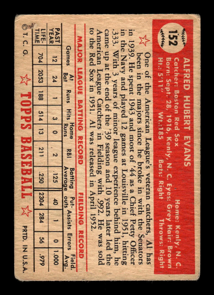 1952 Topps #152 Al Evans Boston Red Sox LOW GRADE CS26017352