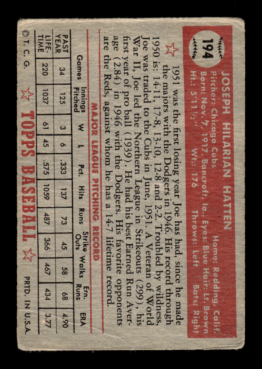 1952 Topps #194 Joe Hatten Chicago Cubs LOW GRADE CS26017359