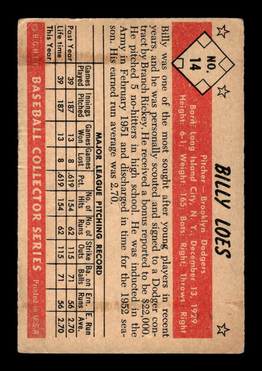 1953 Bowman Color #14 Billy Loes Brooklyn Dodgers VG CS26017367