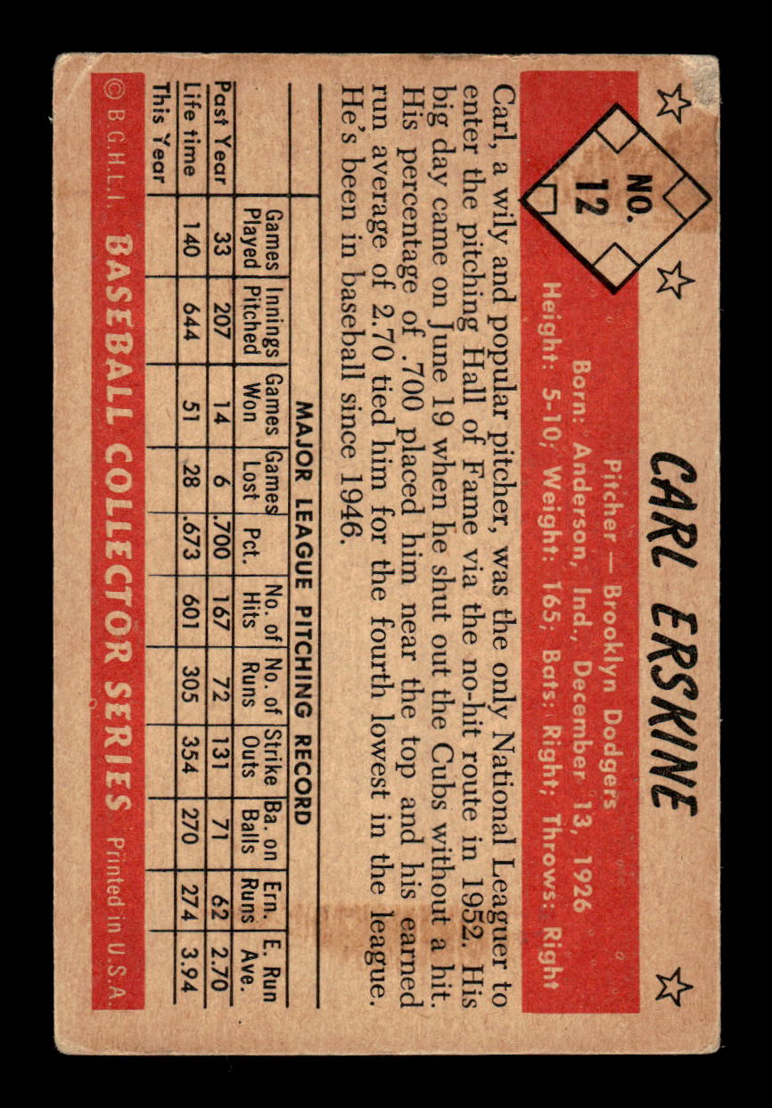 1953 Bowman Color #12 Carl Erskine Brooklyn Dodgers VG CS26017369