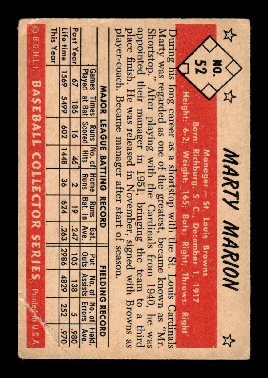 1953 Bowman Color #52 Marty Marion St. Louis Browns LOW GRADE CS26017375