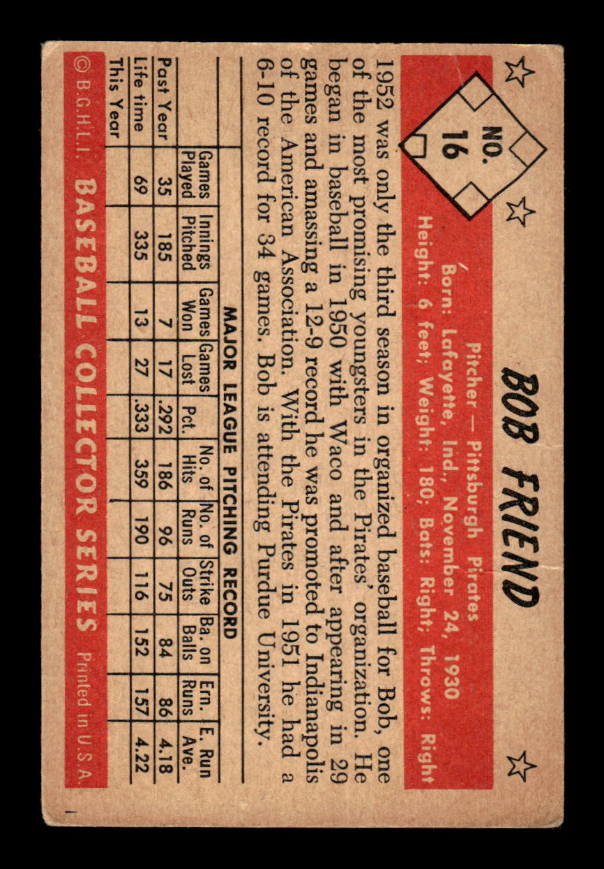 1953 Bowman Color #16 Bob Friend Pittsburgh Pirates LOW GRADE CS26017376