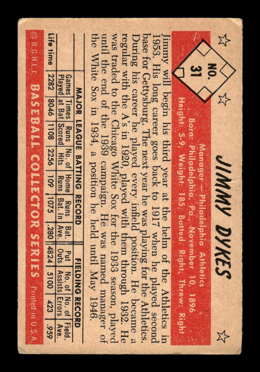 1953 Bowman Color #31 Jimmie Dykes Philadelphia Athletics LOW GRADE CS26017378