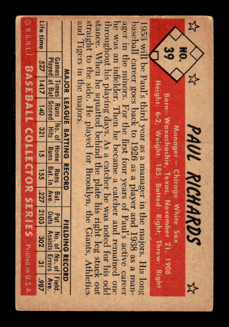 1953 Bowman Color #39 Paul Richards Chicago White Sox LOW GRADE CS26017379