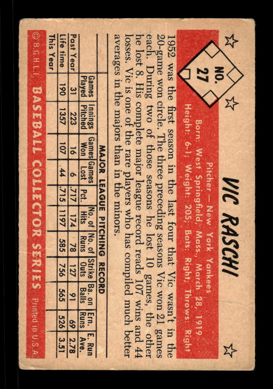 1953 Bowman Color #27 Vic Raschi New York Yankees LOW GRADE CS26017383