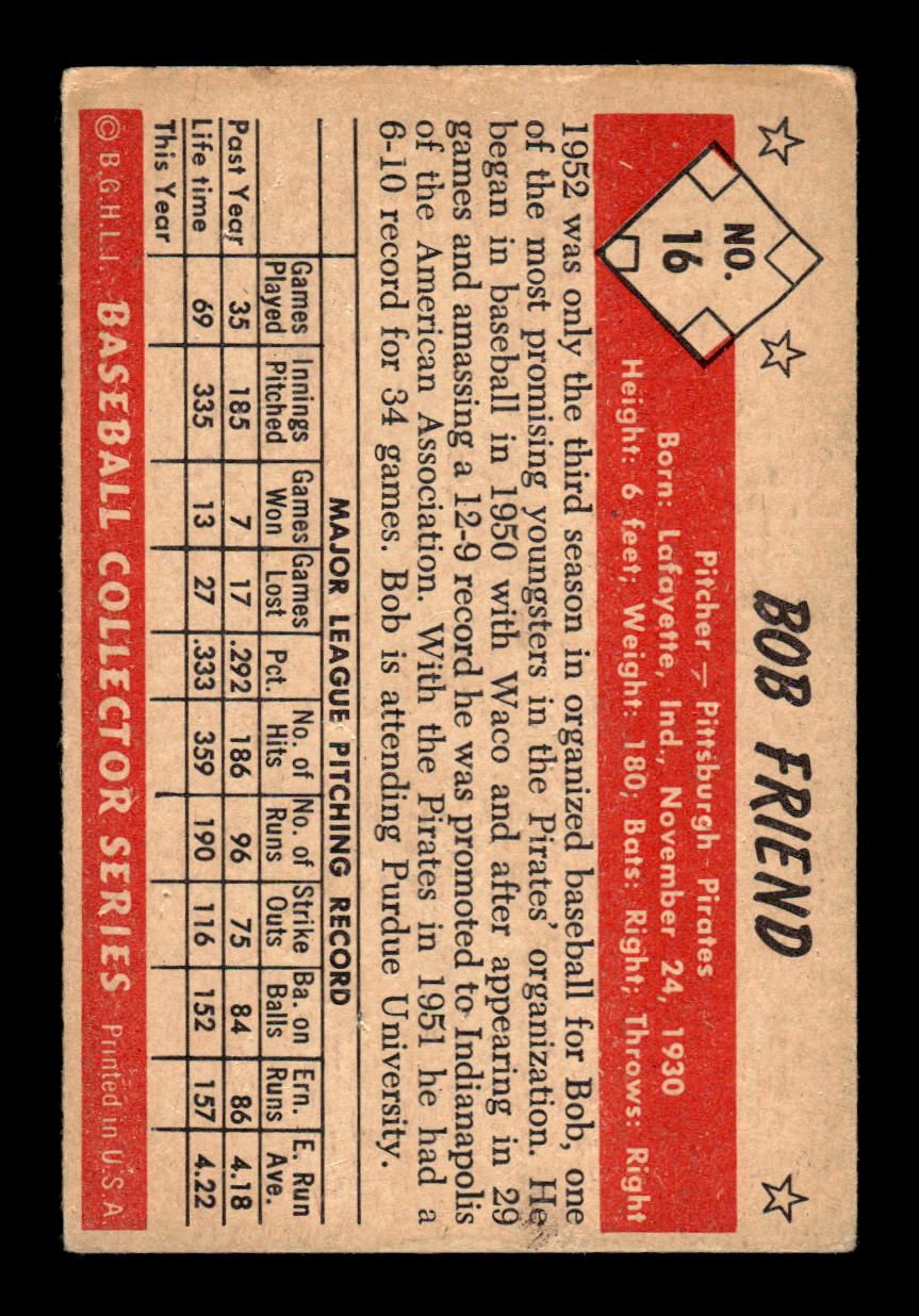 1953 Bowman Color #16 Bob Friend Pittsburgh Pirates LOW GRADE CS26017388