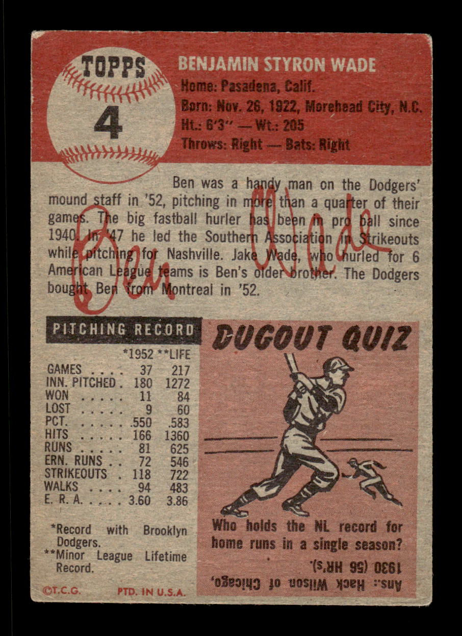 1953 Topps #4 Ben Wade Brooklyn Dodgers VG CS26017398