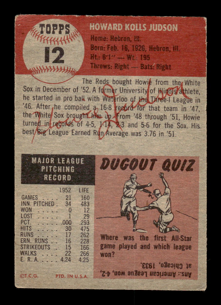 1953 Topps #12 Howie Judson Cincinnati Reds VG CS26017402