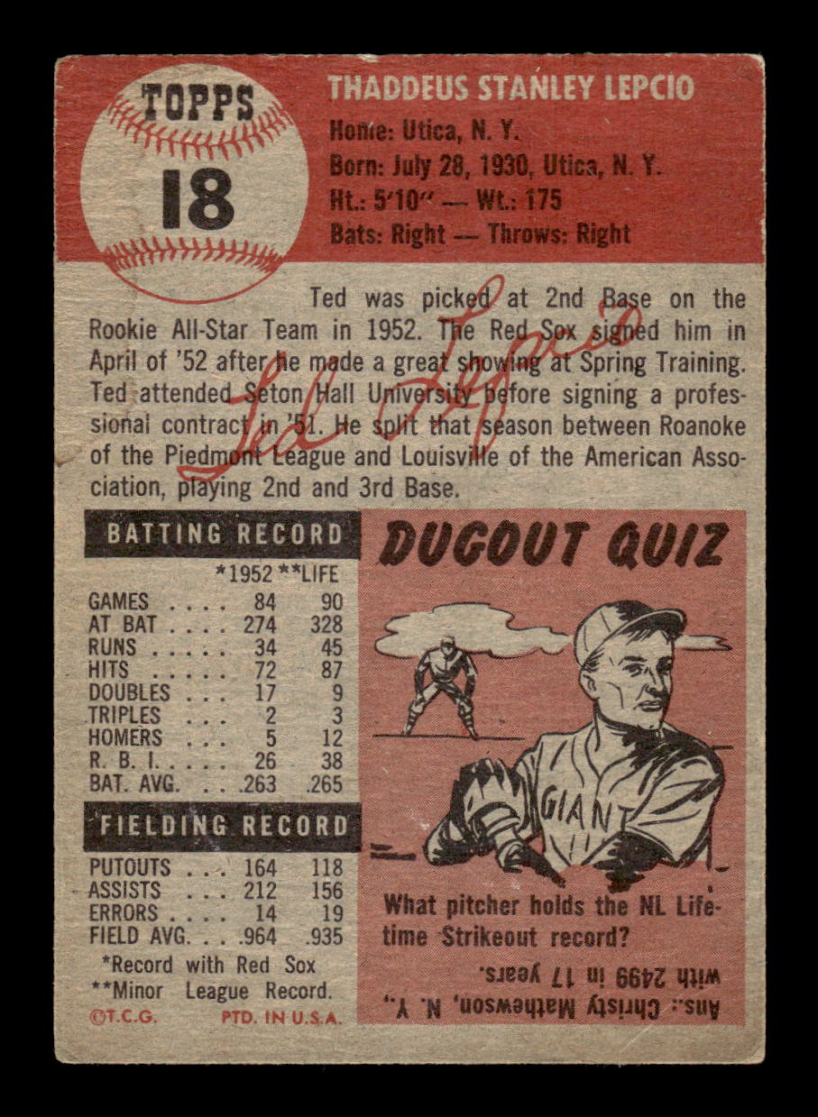1953 Topps #18 Ted Lepcio Boston Red Sox LOW GRADE CS26017407