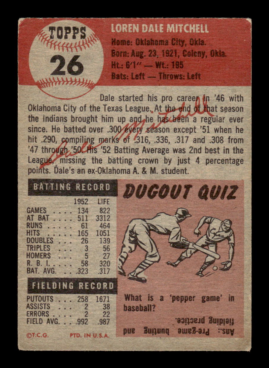 1953 Topps #26 Dale Mitchell Cleveland Indians VG CS26017413