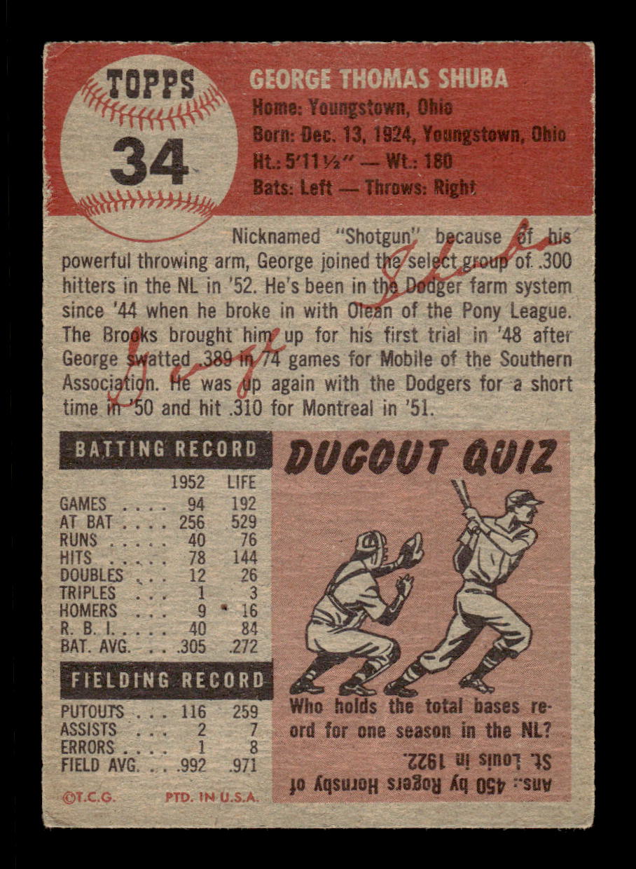 1953 Topps #34 George Shuba Brooklyn Dodgers VG CS26017415